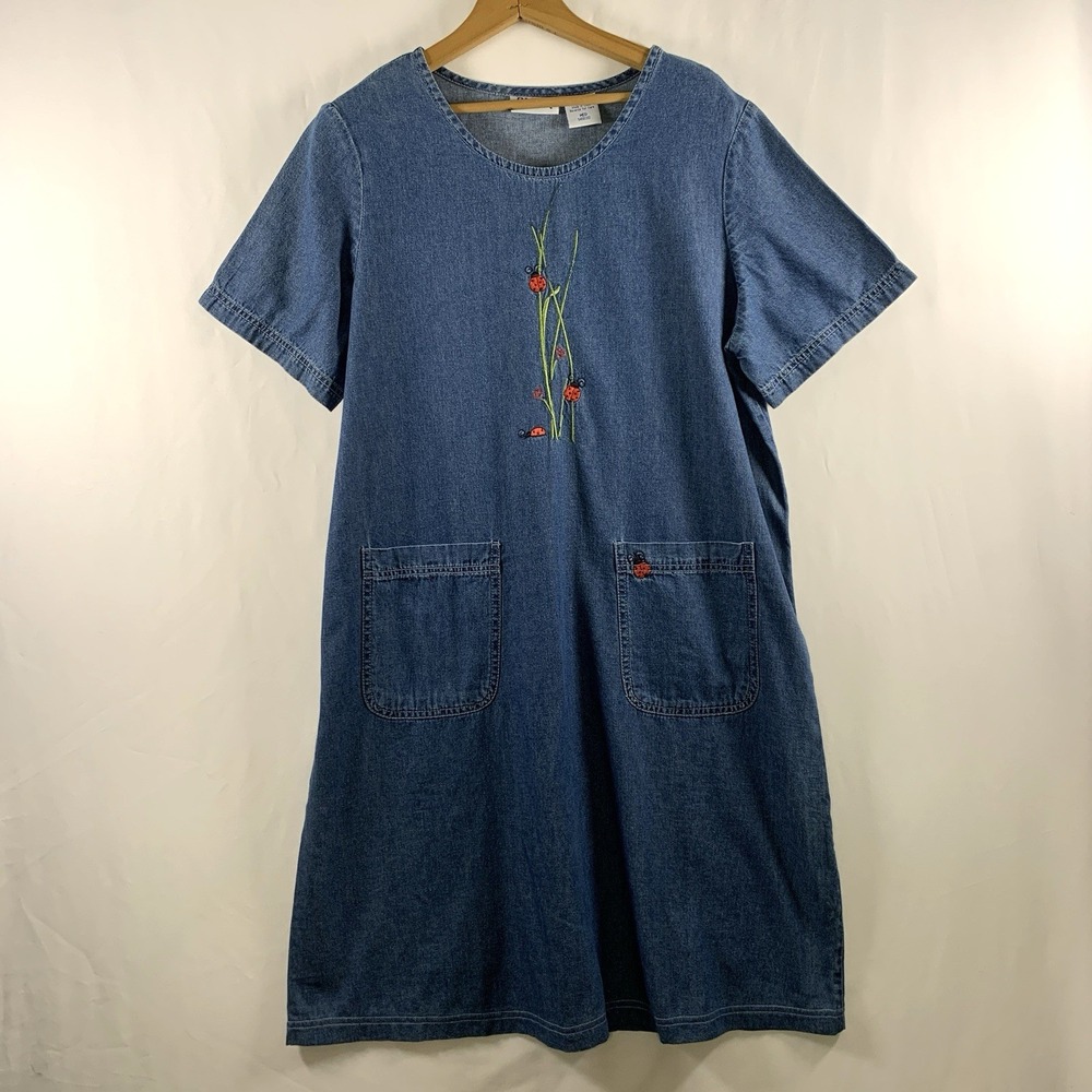 Womens Cottage Ladybug Embroidered Denim Shift Dress Size M/L Oversized Pockets